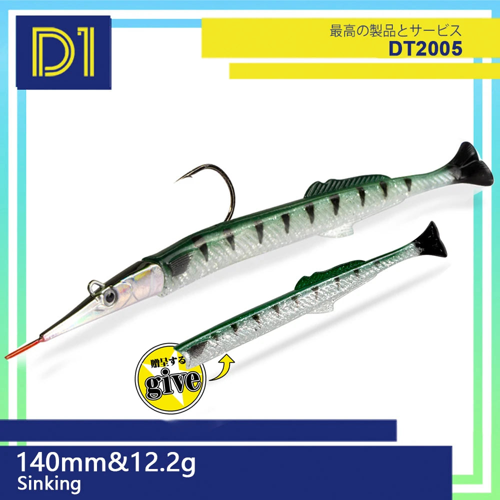 D1 Needlefish Lure 140mm 12.2g Sea Fishing Soft Artificial Lure Silicone Leurre Souple With T-Tail Sinking Spotter Pecsa Tackle