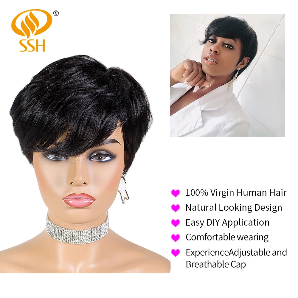 Wear Go Glueless Short Human Hair Wigs Pixie Cut Straight Remy Brazilian Hair for Black Women Highlight Color Cheap Glueless Wig