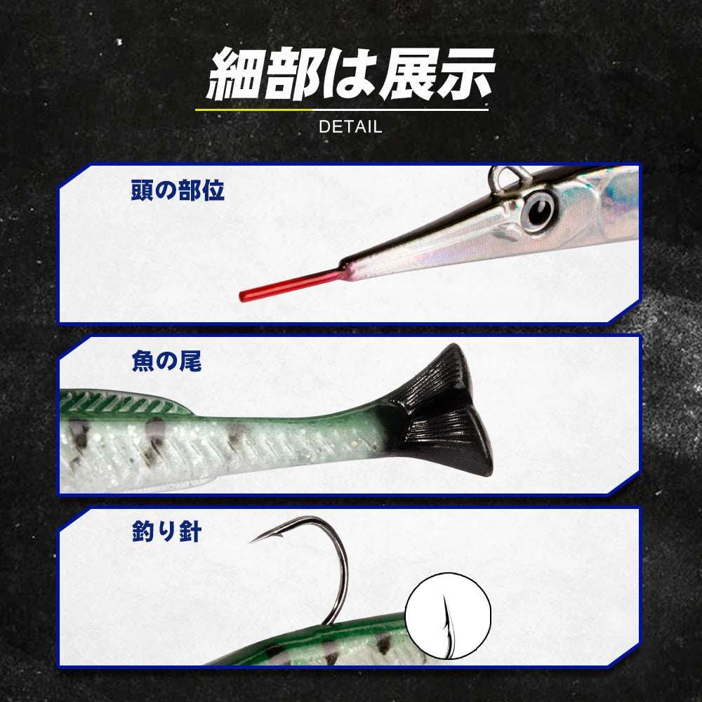 D1 Needlefish Lure 140mm 12.2g Sea Fishing Soft Artificial Lure Silicone Leurre Souple With T-Tail Sinking Spotter Pecsa Tackle