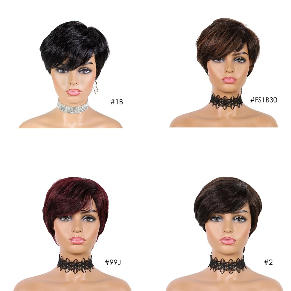 Wear Go Glueless Short Human Hair Wigs Pixie Cut Straight Remy Brazilian Hair for Black Women Highlight Color Cheap Glueless Wig