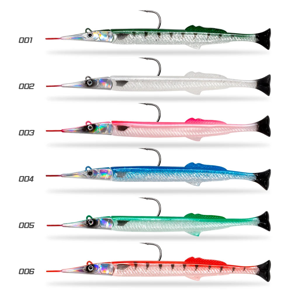 D1 Needlefish Lure 140mm 12.2g Sea Fishing Soft Artificial Lure Silicone Leurre Souple With T-Tail Sinking Spotter Pecsa Tackle