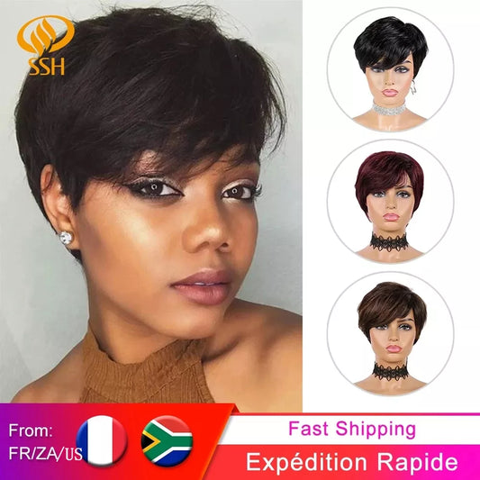 Wear Go Glueless Short Human Hair Wigs Pixie Cut Straight Remy Brazilian Hair for Black Women Highlight Color Cheap Glueless Wig