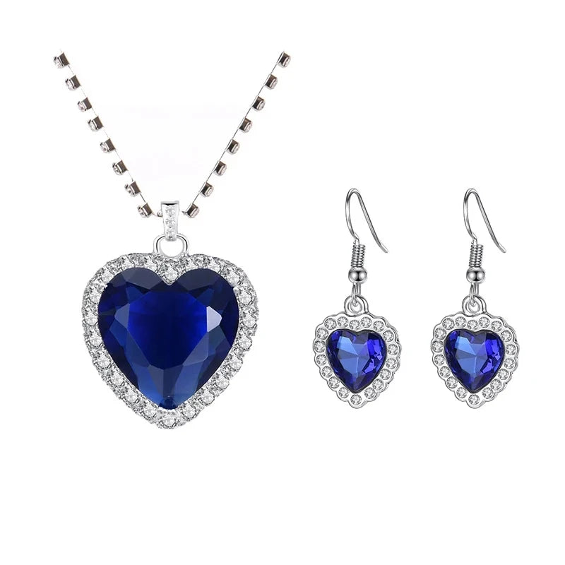 Titanic Heart of Ocean Blue Heart Love Forever Pendant Necklace with Titanic Earrings + Velvet Bag