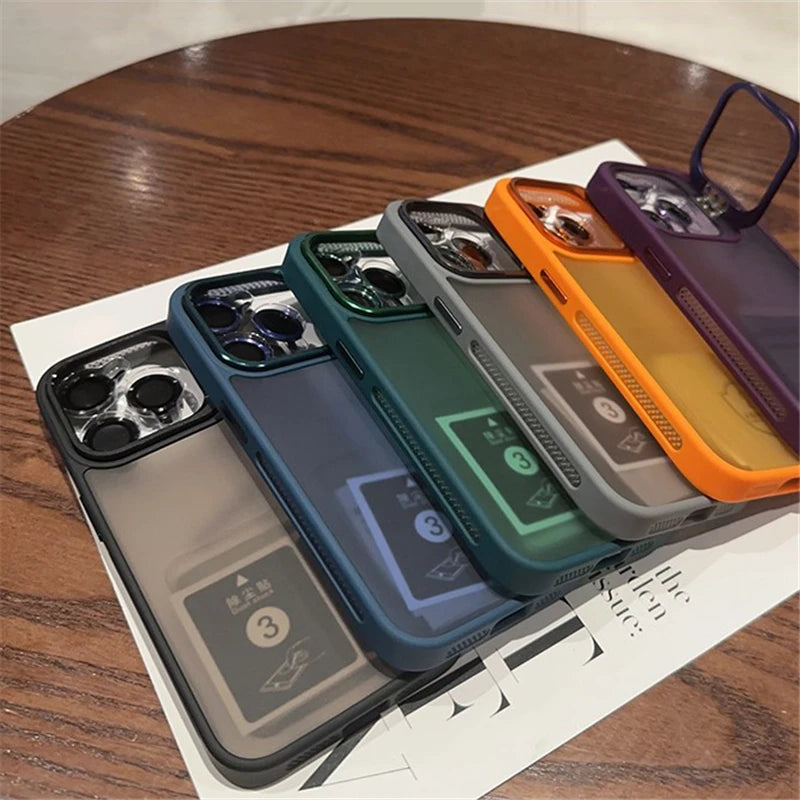 Luxury Glass Lens Film Protection Case For iPhone 15 Pro Max 14 13 12 11 Fold Holder Camera Bracket Matte Clear Shockproof Cover