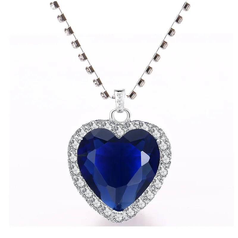 Titanic Heart of Ocean Blue Heart Love Forever Pendant Necklace with Titanic Earrings + Velvet Bag