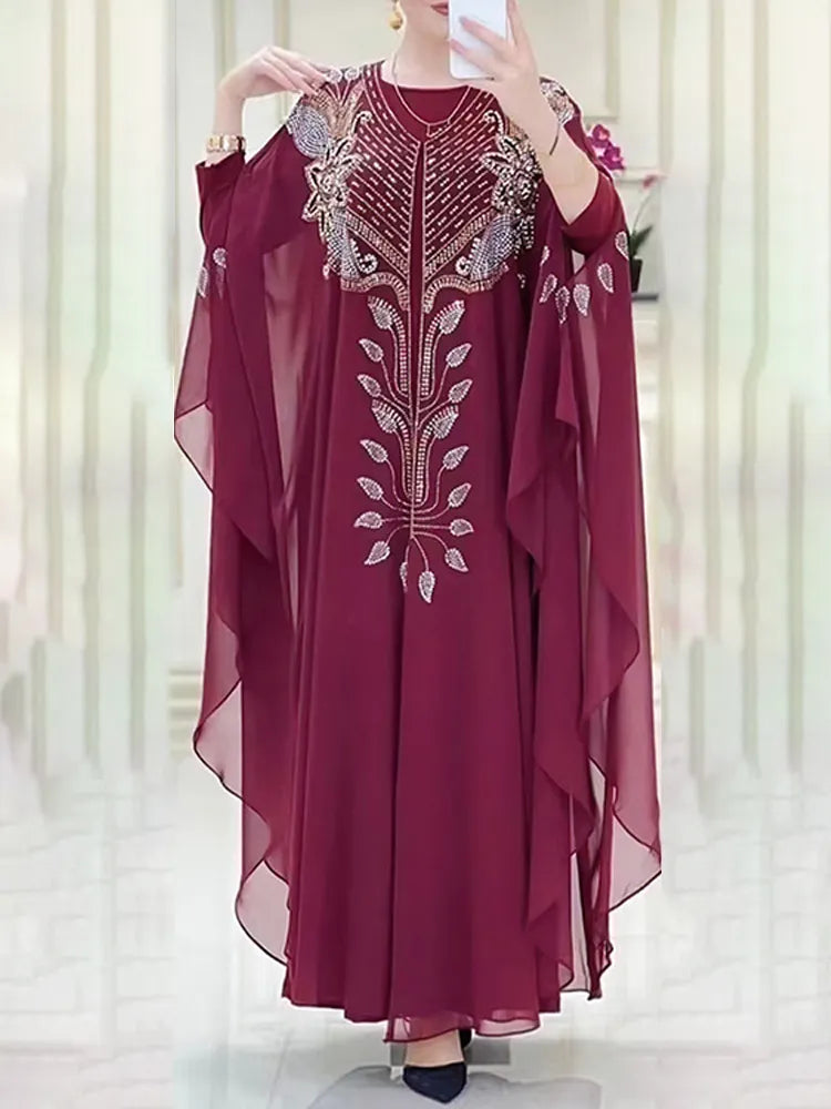 Chiffon Boubou Muslim Fashion Abaya 2 PCS Set Dubai Turkey Maxi Dress Musulman Ensembles Caftan Marocain Islamic Clothing