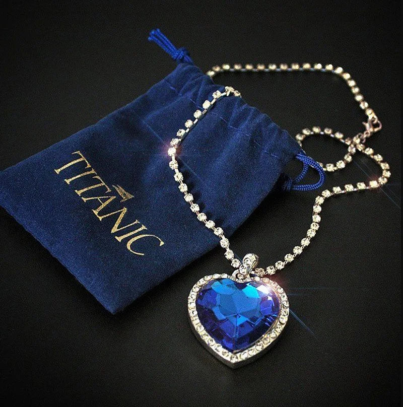 Titanic Heart of Ocean Blue Heart Love Forever Pendant Necklace with Titanic Earrings + Velvet Bag