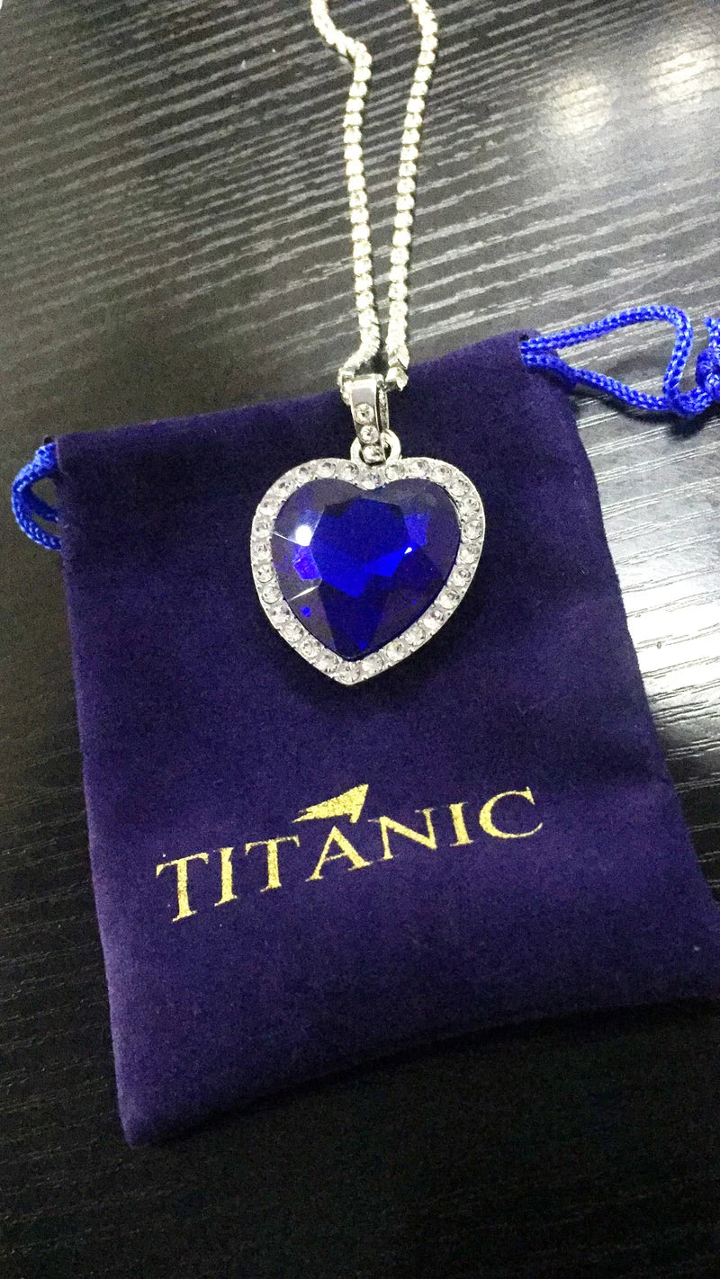 Titanic Heart of Ocean Blue Heart Love Forever Pendant Necklace with Titanic Earrings + Velvet Bag