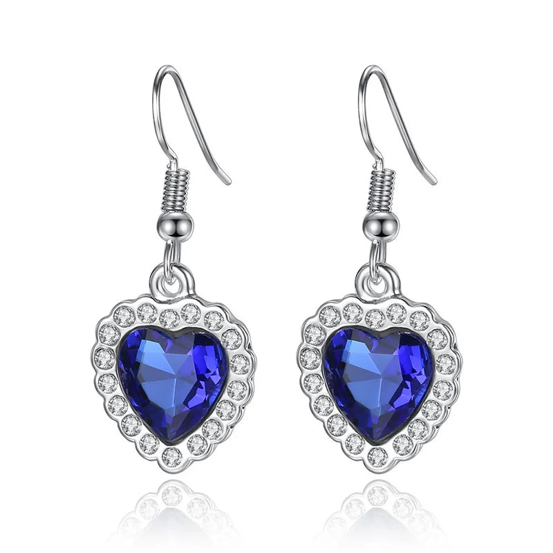 Titanic Heart of Ocean Blue Heart Love Forever Pendant Necklace with Titanic Earrings + Velvet Bag