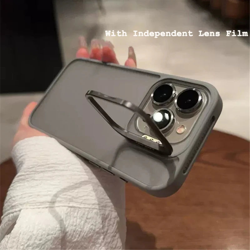 Luxury Glass Lens Film Protection Case For iPhone 15 Pro Max 14 13 12 11 Fold Holder Camera Bracket Matte Clear Shockproof Cover